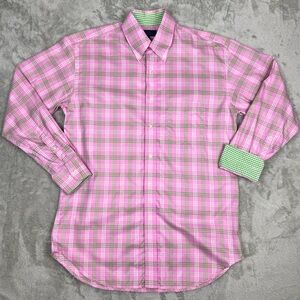 J. McLaughlin Men’s Shirt Pink Green Plaid Flip Cuff Long Sleeves Medium